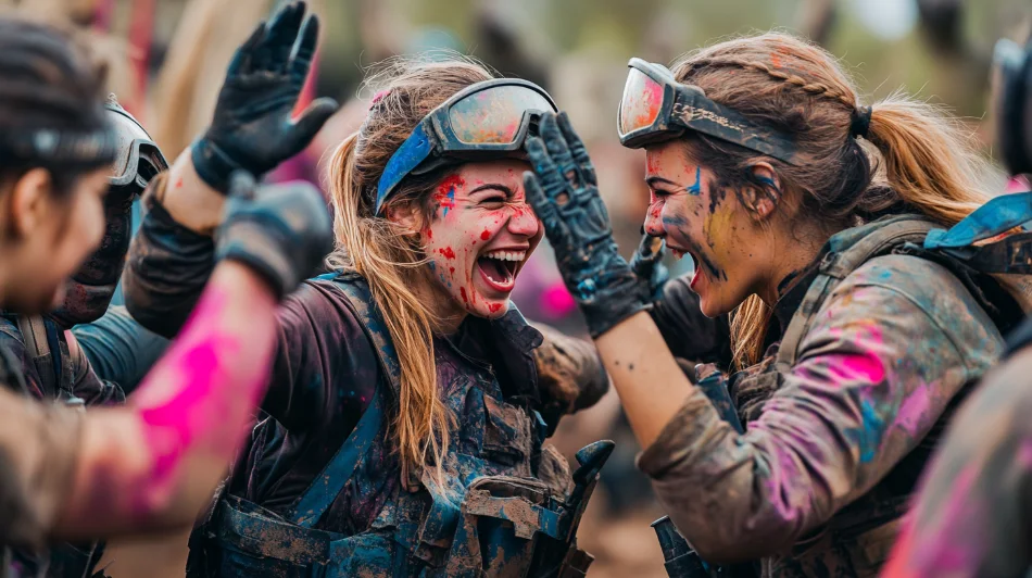 Twee lachende vriendinnen onder de verf geven elkaar een high five na een potje paintball vanuit Markelo