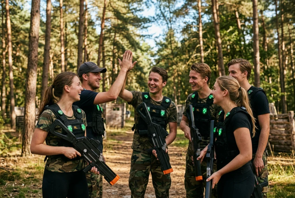 Enthousiast team viert een geslaagde lasergameronde tijdens een bedrijfsuitje vanuit Markelo