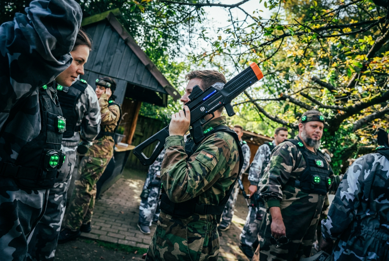 Groep in camouflage-uitrusting tijdens lasergamen in Twente