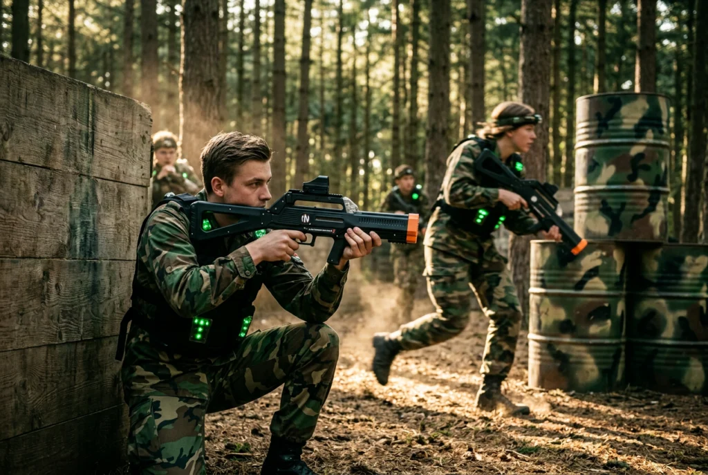 Lasergamers in camouflagepak rukken samen op tussen de dennenbomen tijdens lasergame vanuit Markelo