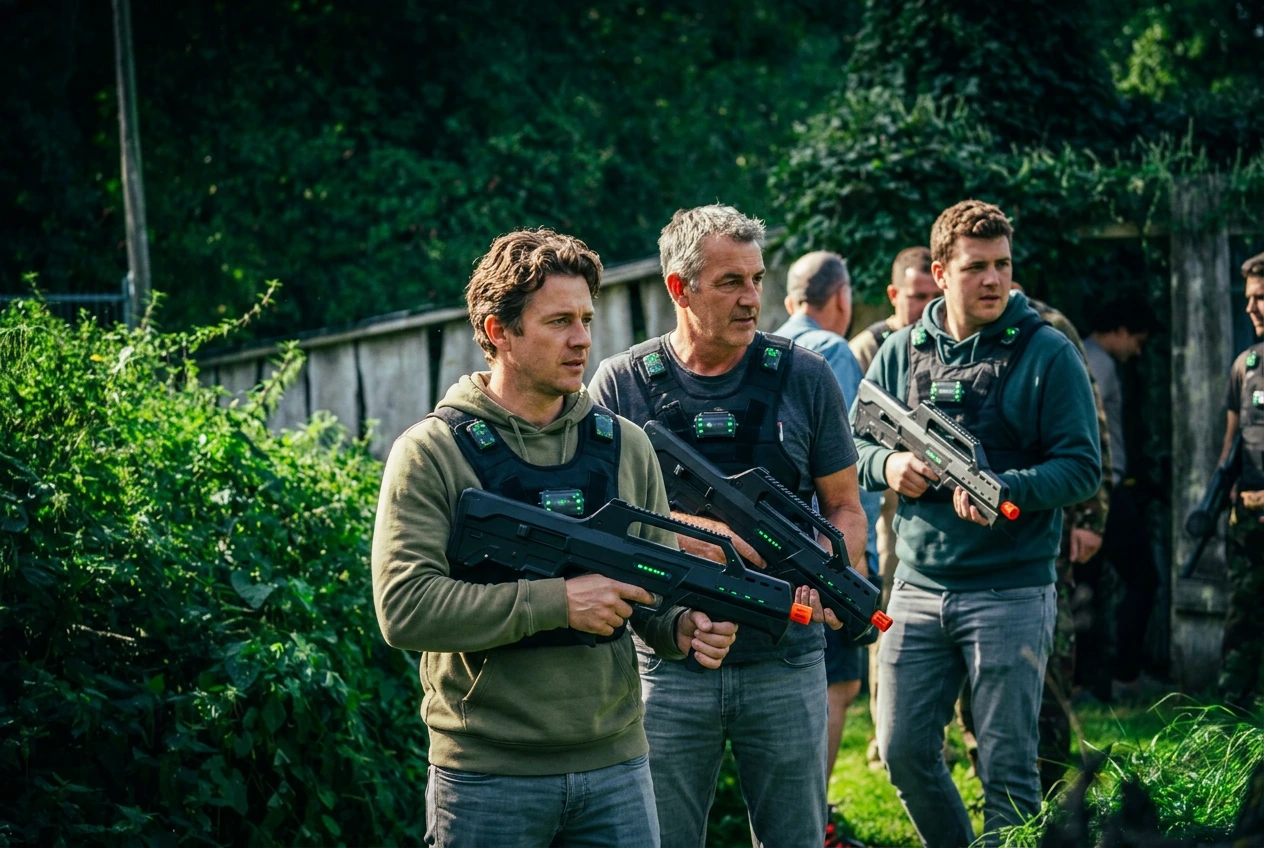 Vrienden vieren een vrijgezellenfeest met lasergamen in Twente