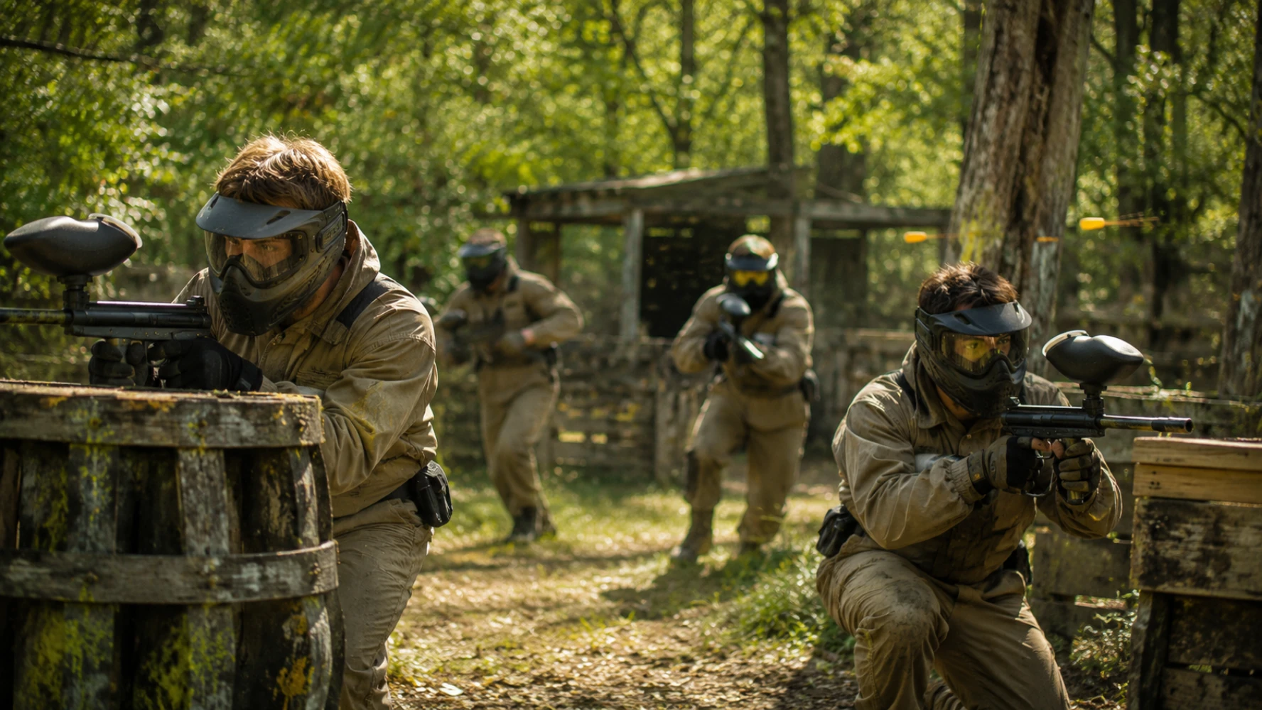 Paintballers in beige overall rukken samen op richting een houten fort