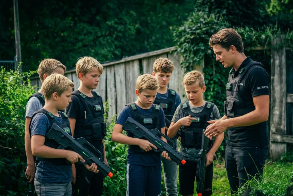 Begeleider geeft kinderen uitleg over de lasergame-uitrusting tijdens een kinderfeestje vlakbij Enschede