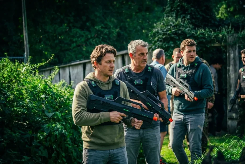 Drie vrienden met lasergame-uitrusting tijdens een vrijgezellenfeest vlakbij Enschede