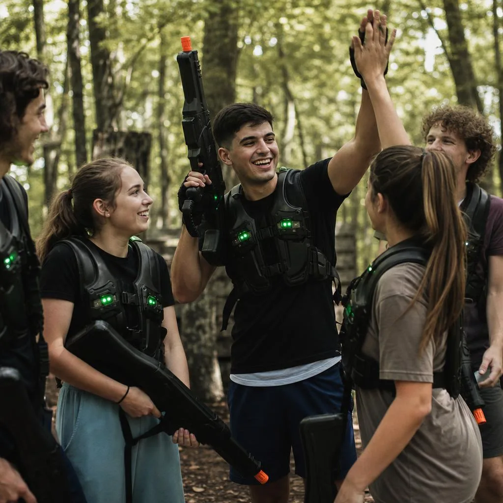 Lasergamers vieren hun overwinning met een high five bij Paintball Twente in Hengelo